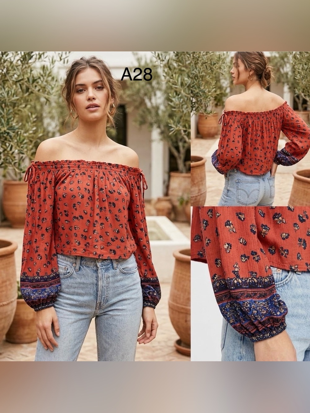 Boho Rust Off-the-Shoulder Floral Peasant Top, Size Small